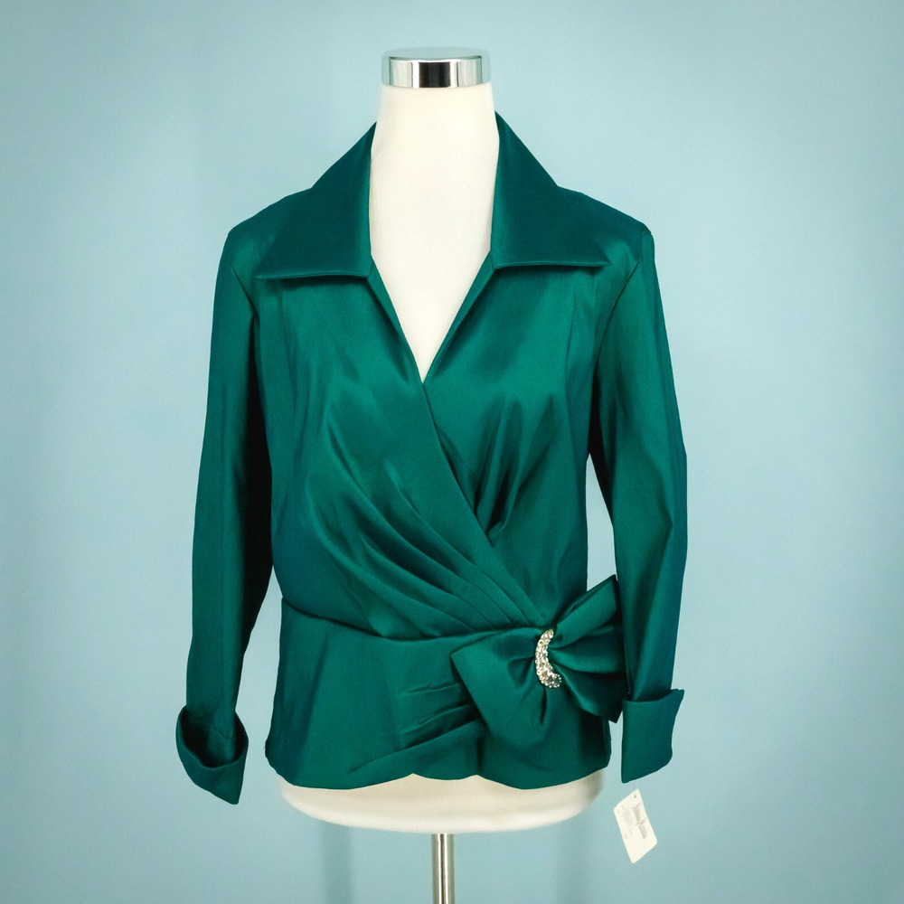 Tadashi Size 12 Green Wrap V Neck Collared Long Sleeve Bow Rhinestone Formal Top